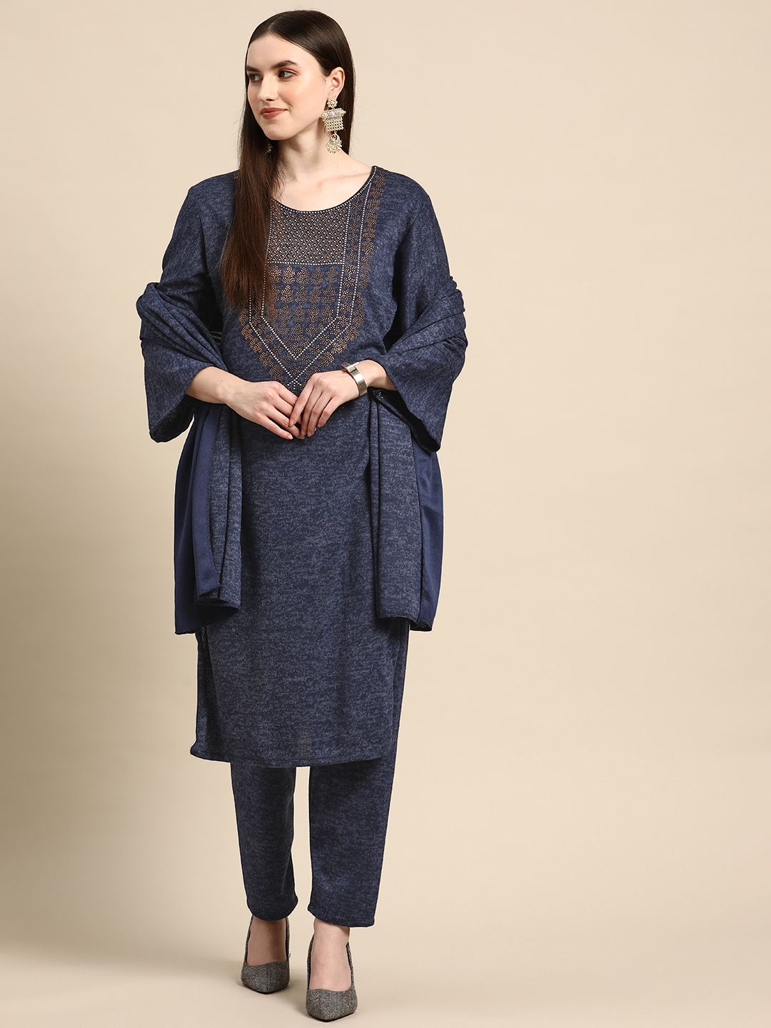 Saadgi Women Navy Blue Beads & Stones Velvet Woollen Kurta with Trousers & With Dupatta Price in India