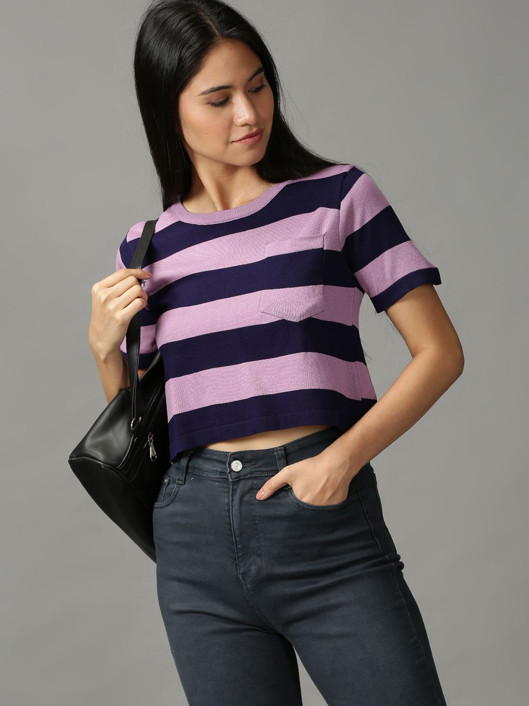 SHOWOFF Women Violet Striped Crop Top Price in India