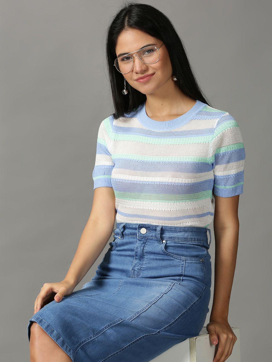 SHOWOFF Women Blue & Sea Green Striped Wool Top Price in India