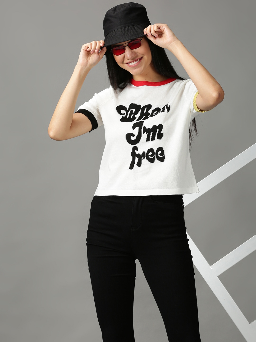SHOWOFF Women White Acrylic Printed Boxy Top Price in India
