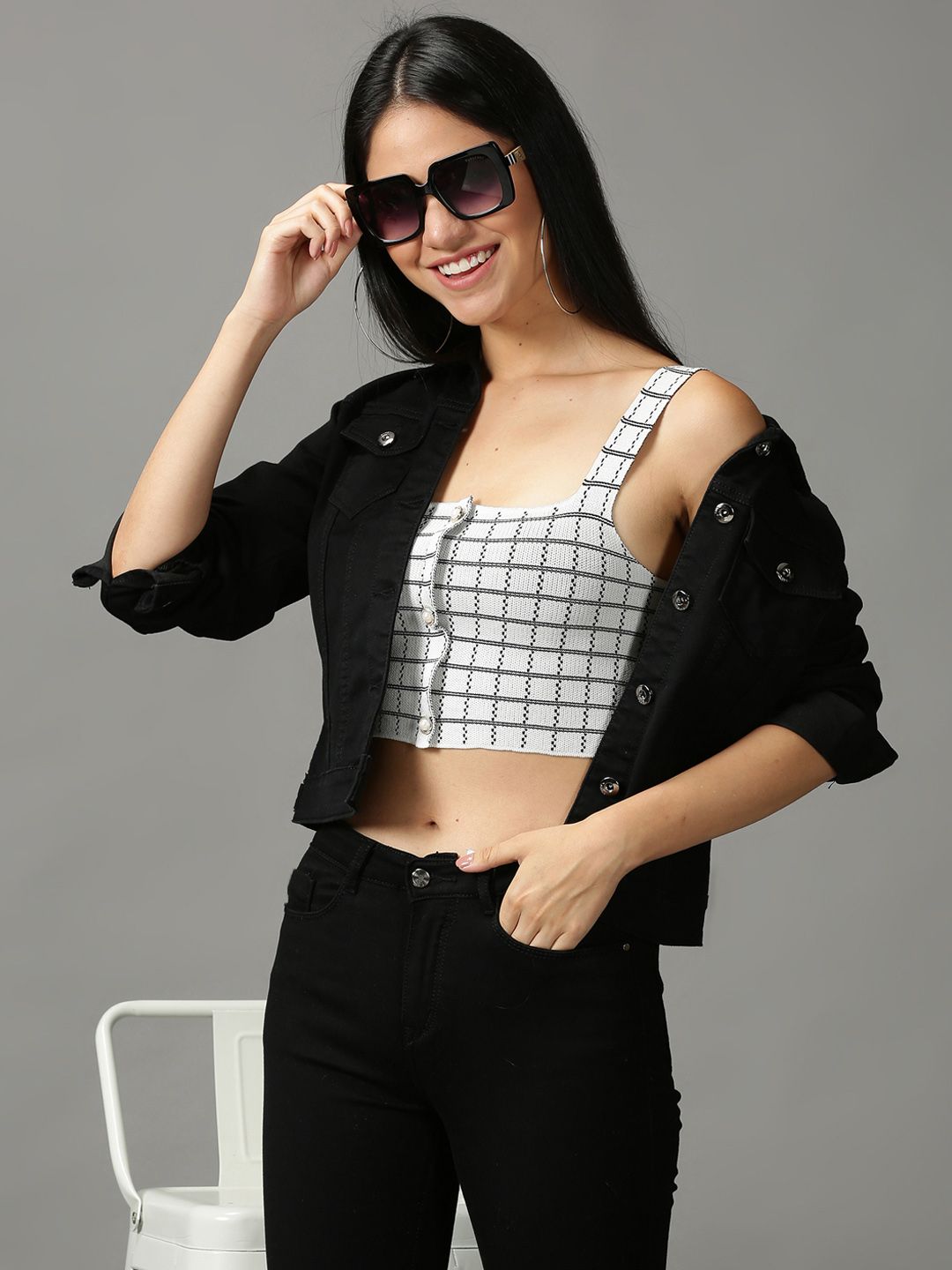 SHOWOFF Women Grey & White Checked Crop Top Price in India