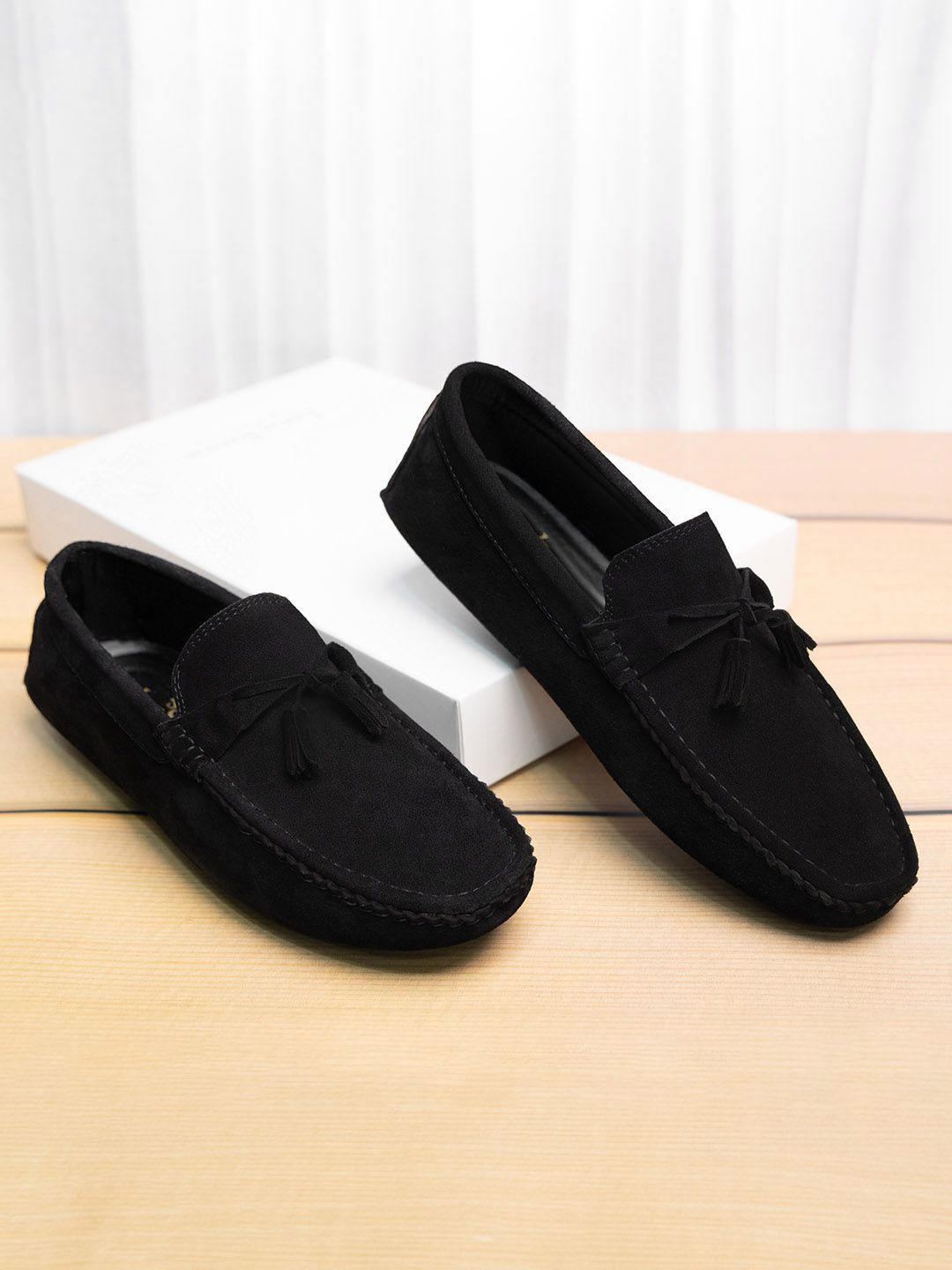 Louis Stitch Men Obsidian Black Italian Suede Leather Handmade Driving Tassel Loafers