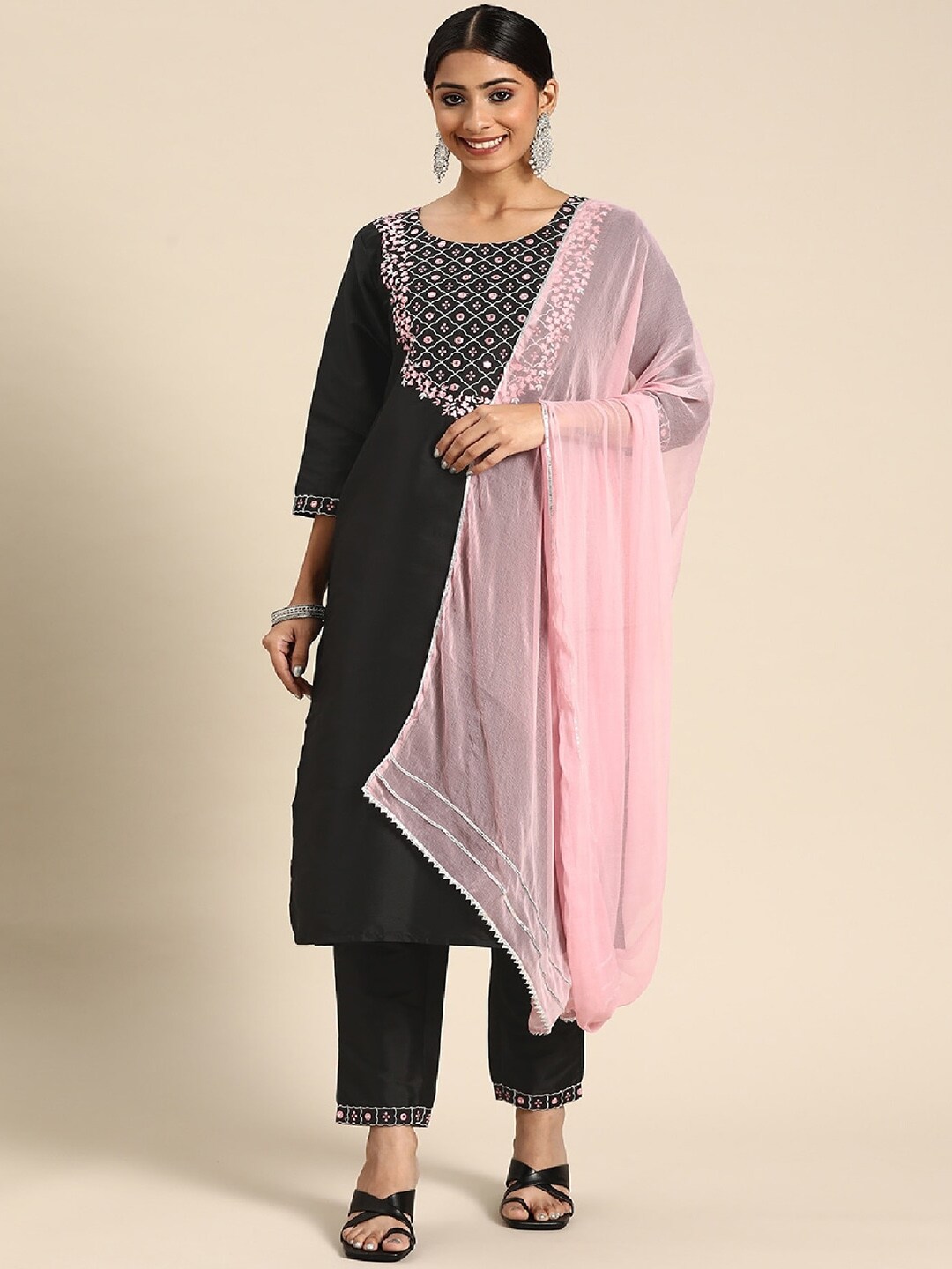 Lookmark Women Black Ethnic Motifs Embroidered Thread Work Kurta with Trousers & With Dupatta Price in India