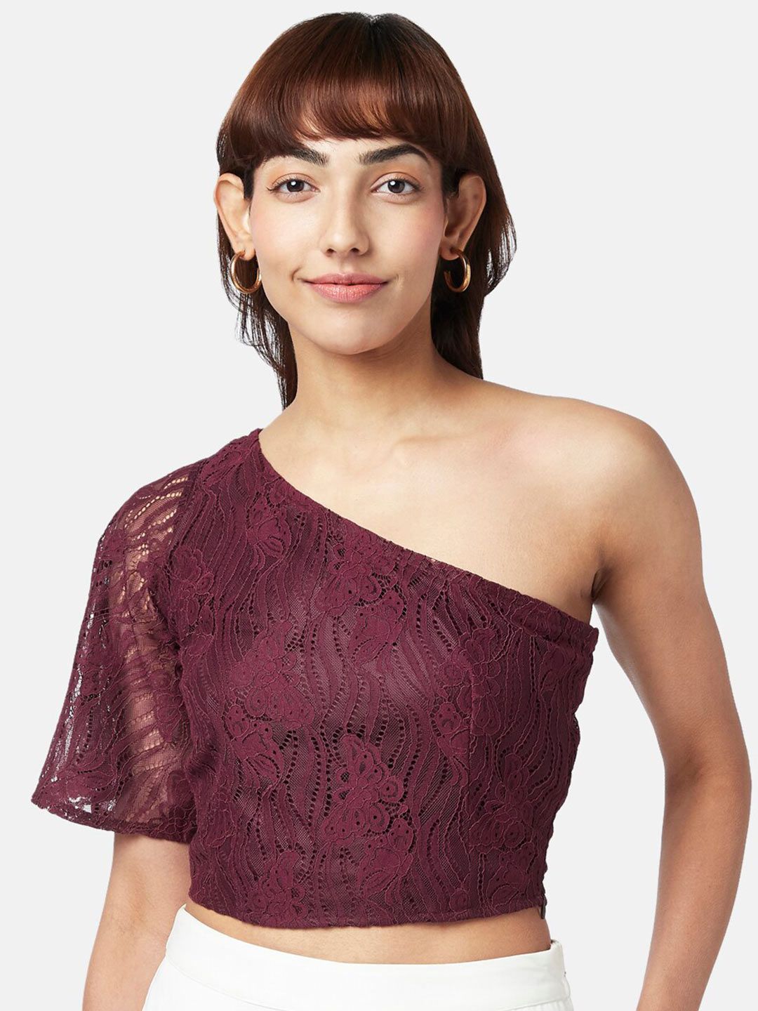 Honey by Pantaloons Women Maroon One Shoulder Crop Top Price in India