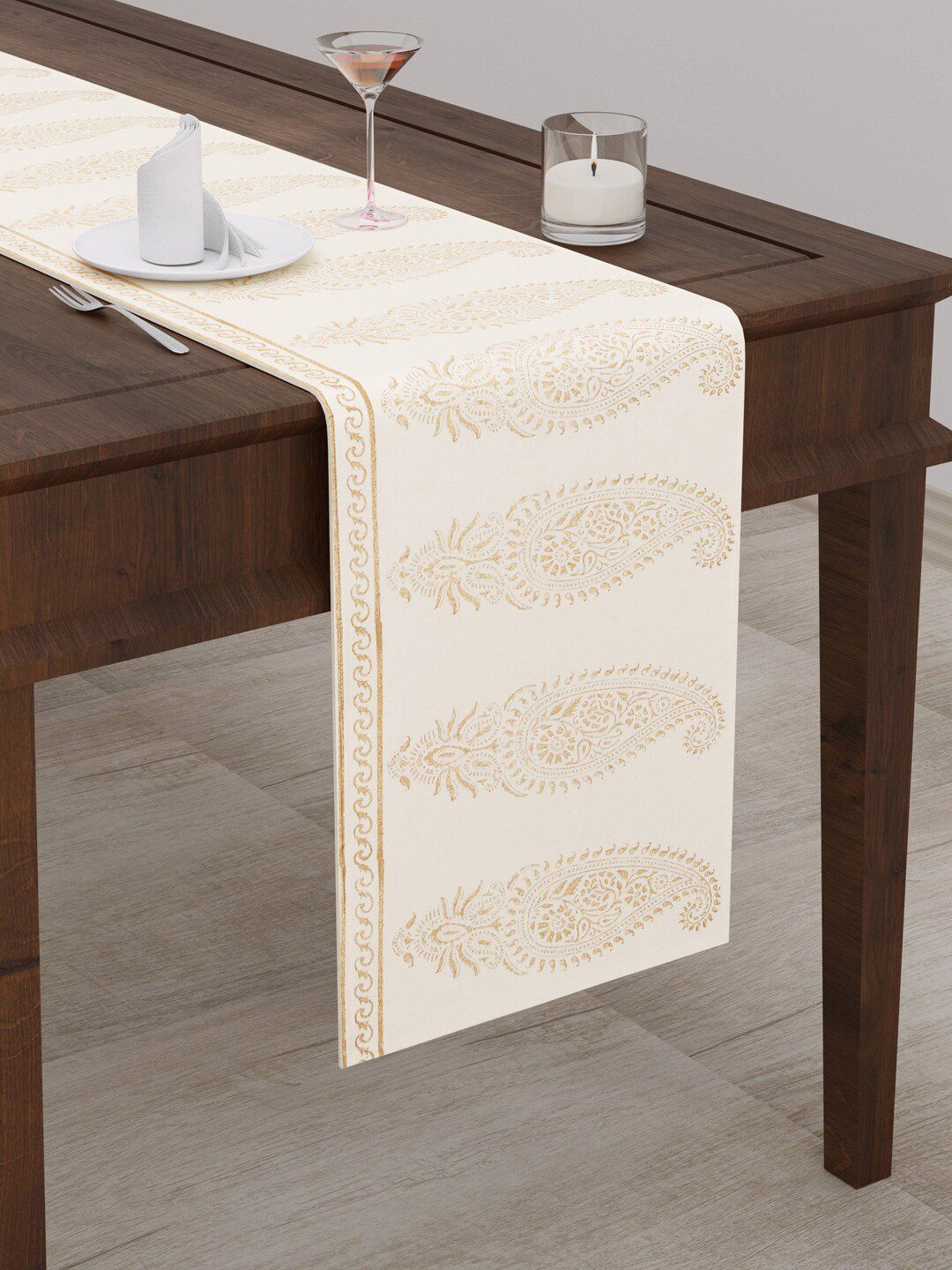BLOCKS OF INDIA Gold Floral Printed Canvas Table Runner