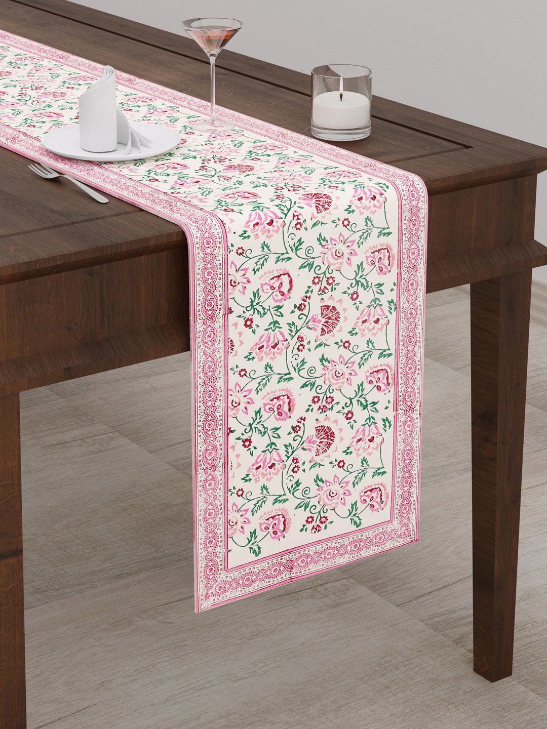 BLOCKS OF INDIA Pink Floral Printed Table Runner