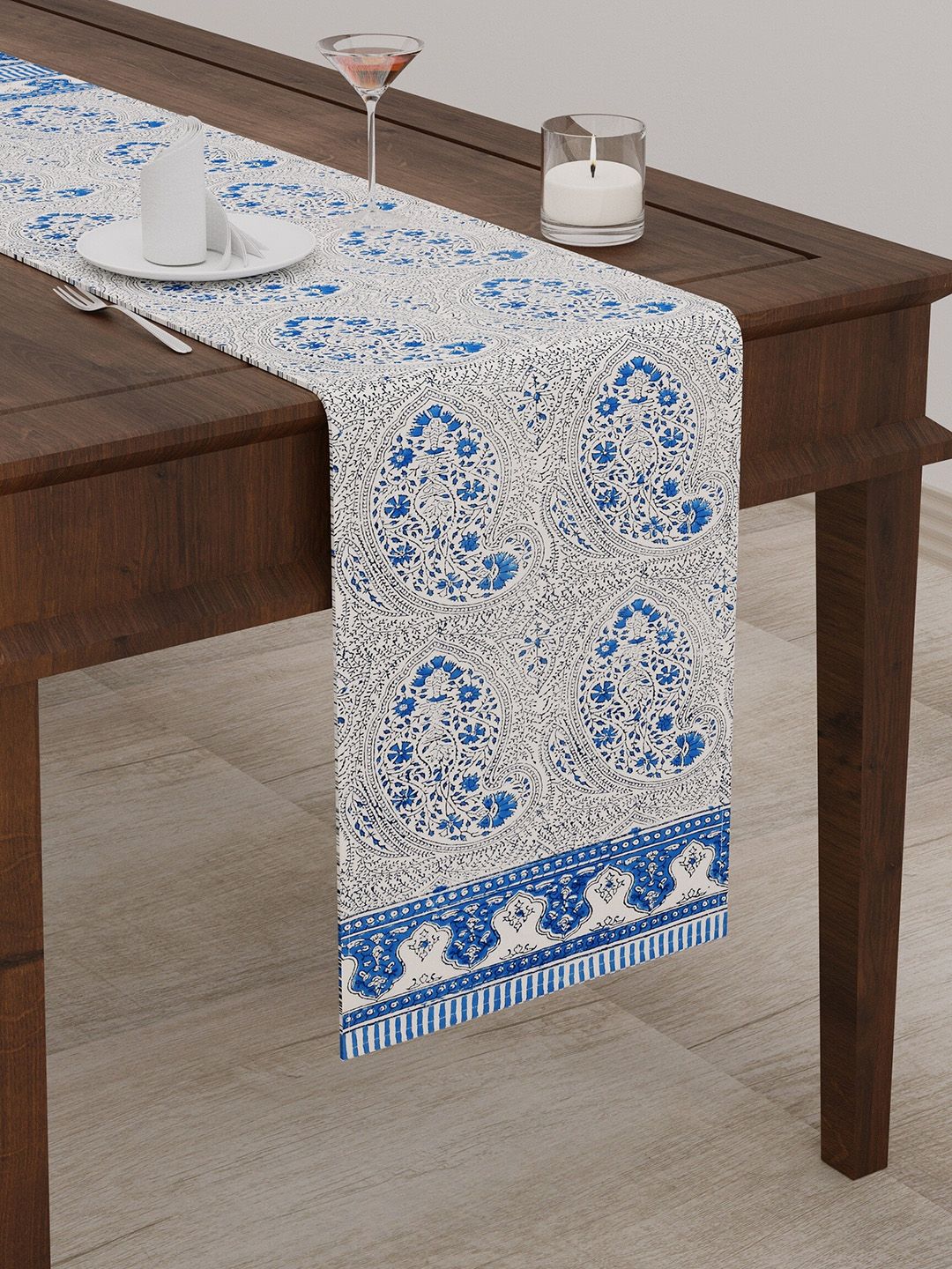 BLOCKS OF INDIA Blue Floral Printed Canvas Table Runner
