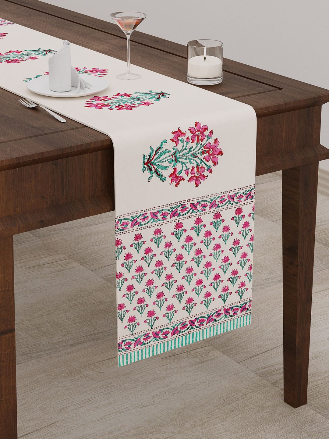 BLOCKS OF INDIA Pink Floral Printed Canvas Table Runner