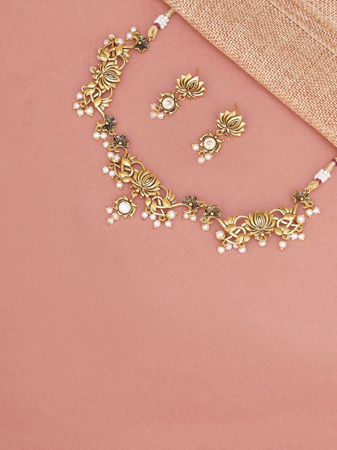 Gold-Plated Jewellery Set Apsara Lotus Motif Filigree Gold Plated Brass Jewellery Set