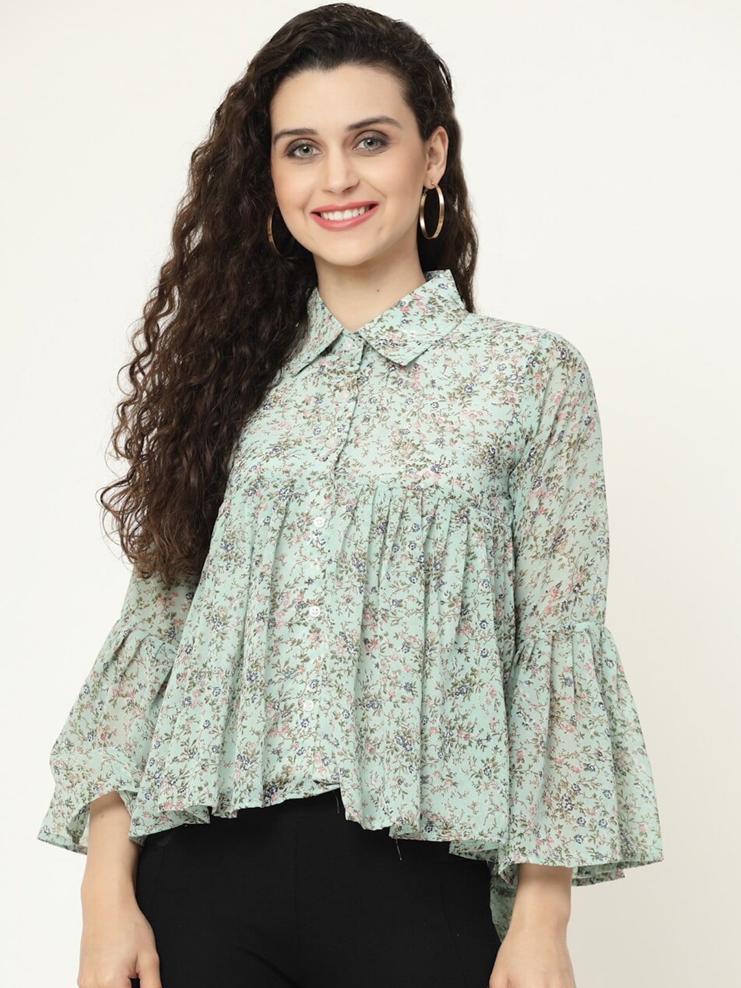 MISS AYSE Women Green Floral Print Georgette Shirt Style Top Price in India