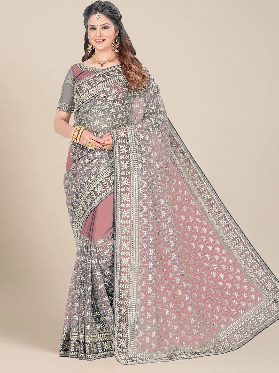 MS RETAIL Pink & Grey Floral Embroidered Net Heavy Work Saree Price in India
