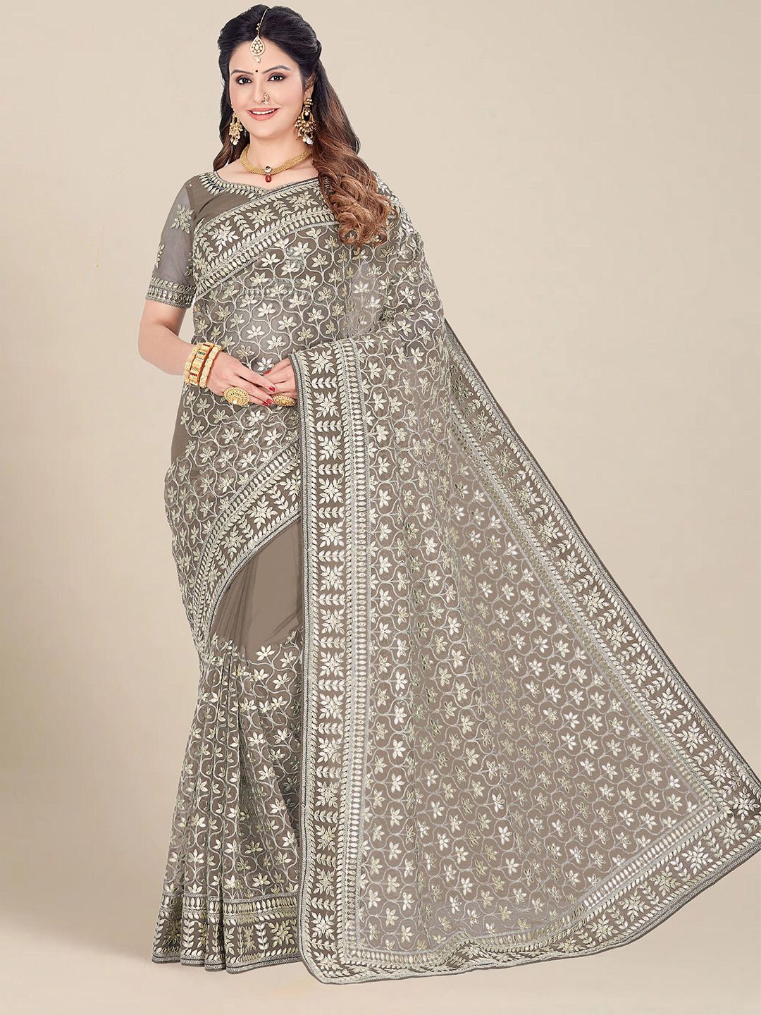 MS RETAIL Beige & Gold-Toned Embellished & Embroidered Net Heavy Work Saree Price in India