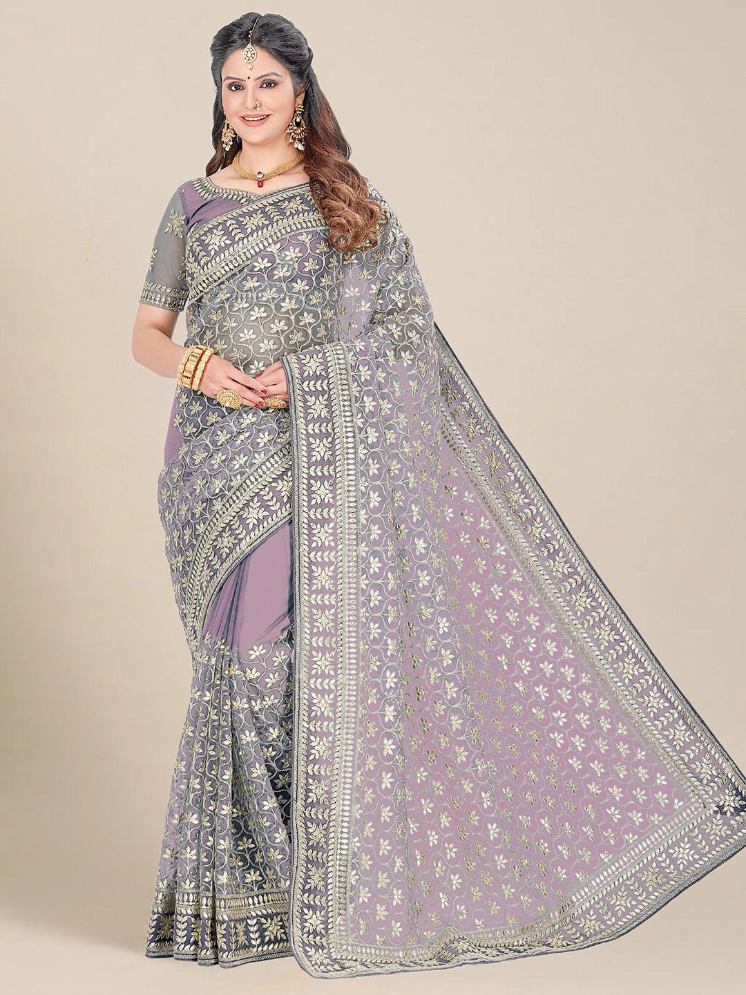 MS RETAIL Purple & Silver-Toned Floral Embroidered Net Heavy Work Saree Price in India