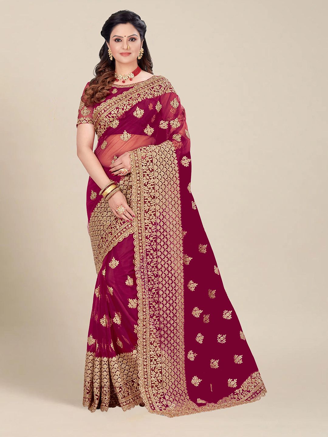 MS RETAIL Pink & Gold-Toned Floral Embroidered Net Heavy Work Saree Price in India