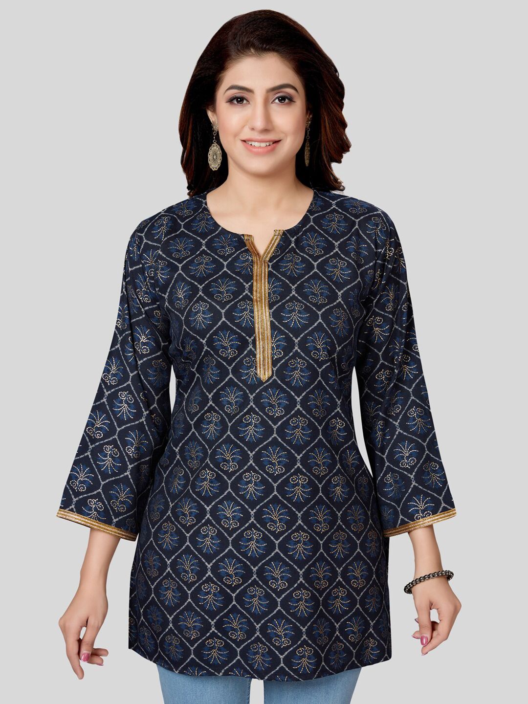 Saree Swarg Navy Blue & Gold-Toned Ethnic Motifs Printed Kurti Price in India