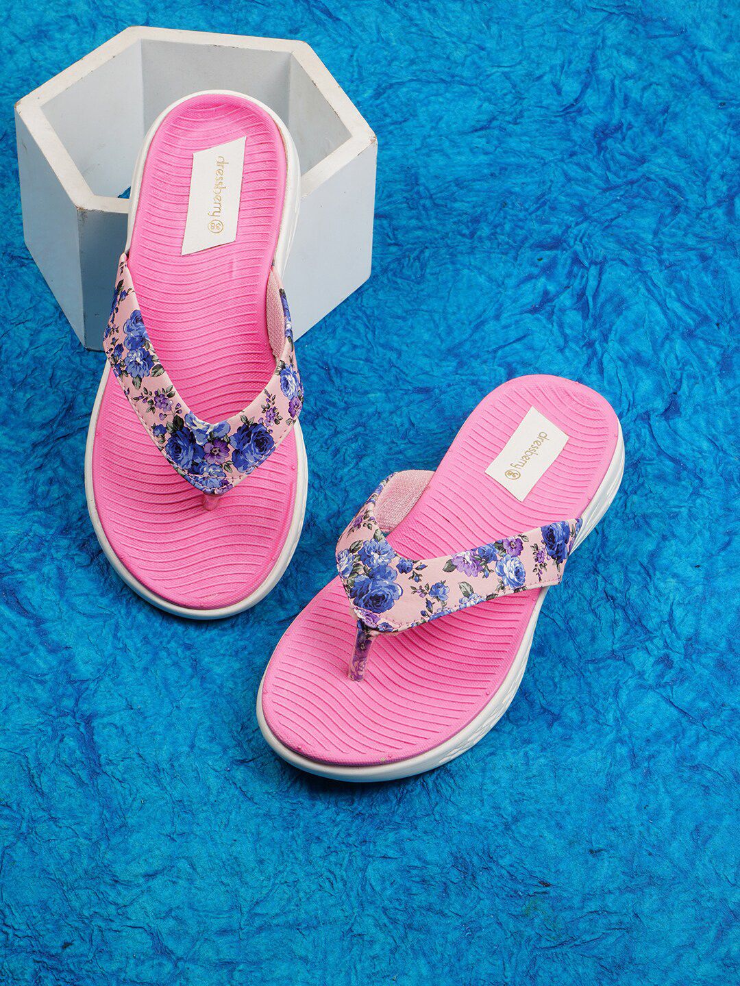 DressBerry Women Pink & Blue Printed Thong Flip-Flops