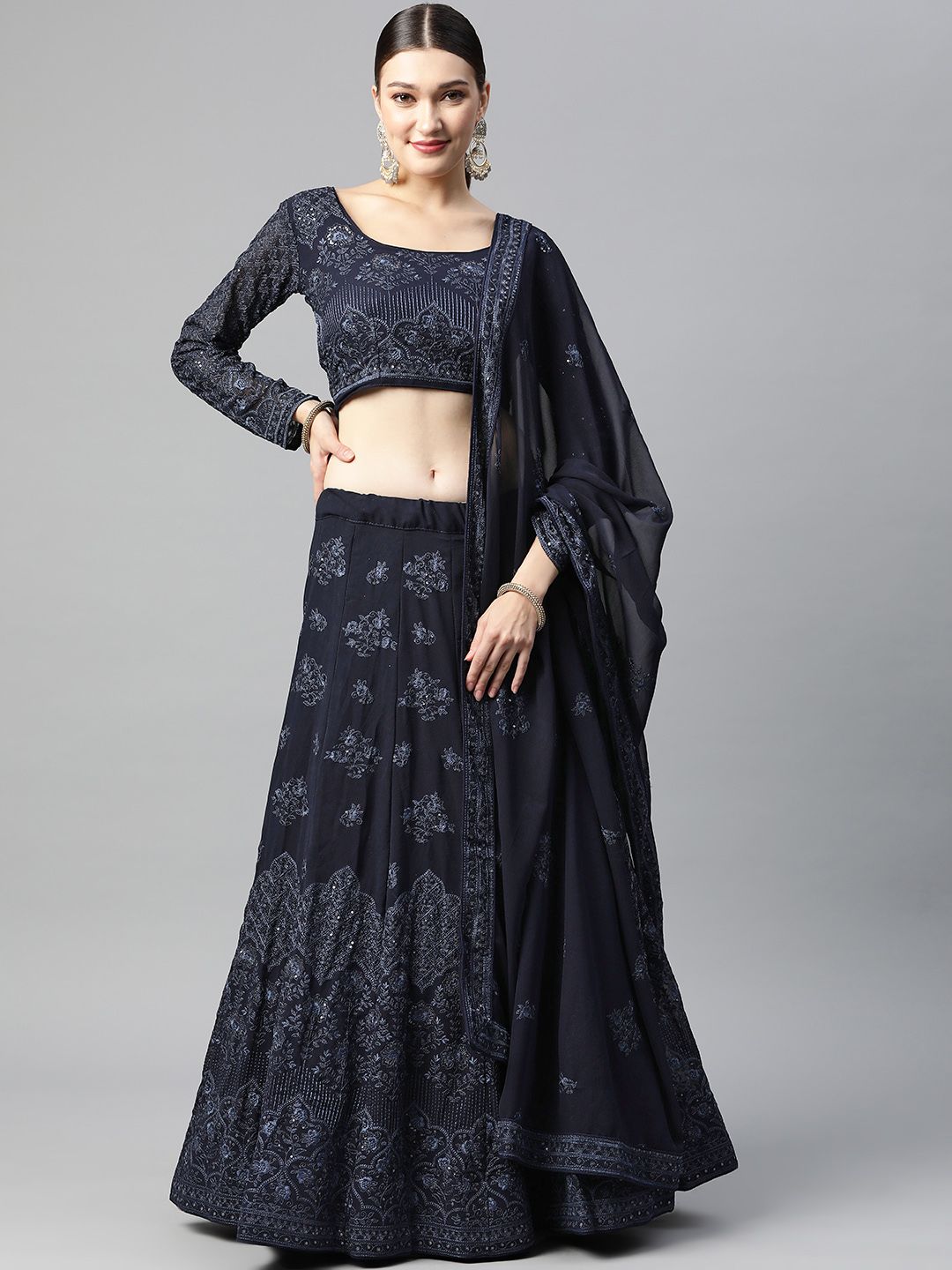 Divine International Trading Co Navy Blue Embroidered Sequinned Lehenga Choli With Dupatta Price in India