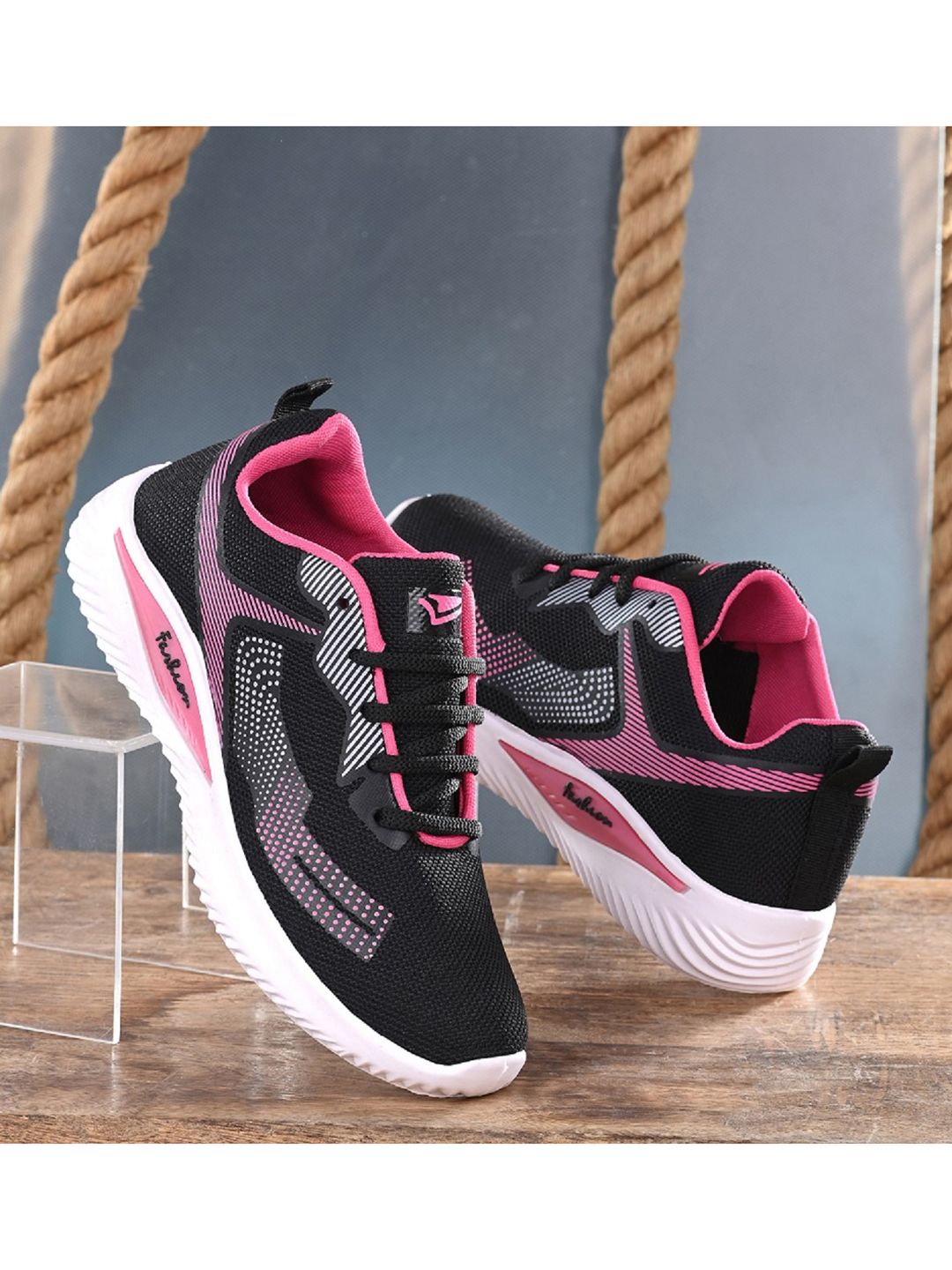 BIRDE Women Black & Pink Printed Non-Marking Walking Shoes Price in India