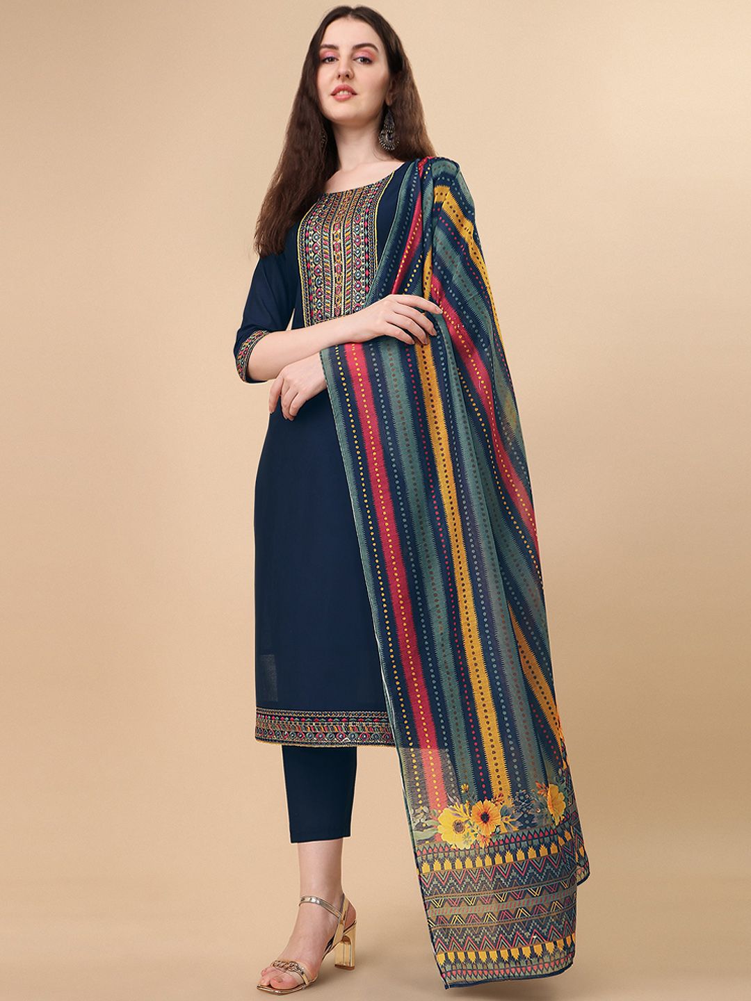 Berrylicious Women Navy Blue Embroidered Chanderi Cotton Kurta with Trousers &  Dupatta Price in India