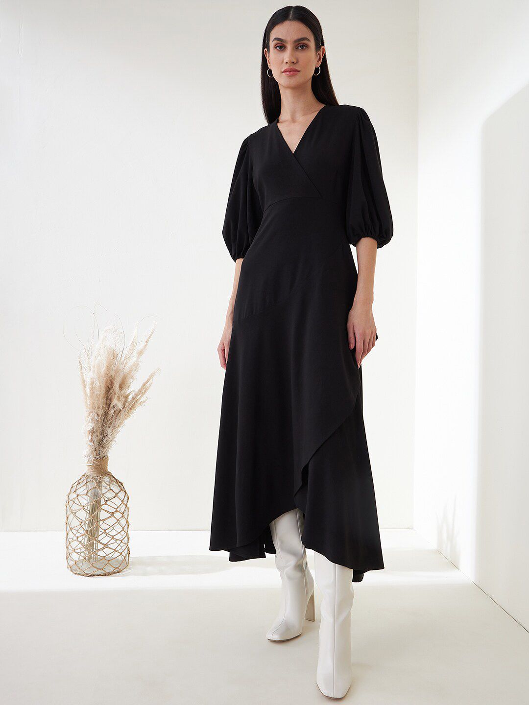 FEMMELLA Black Wrap Ruffle Maxi Dress