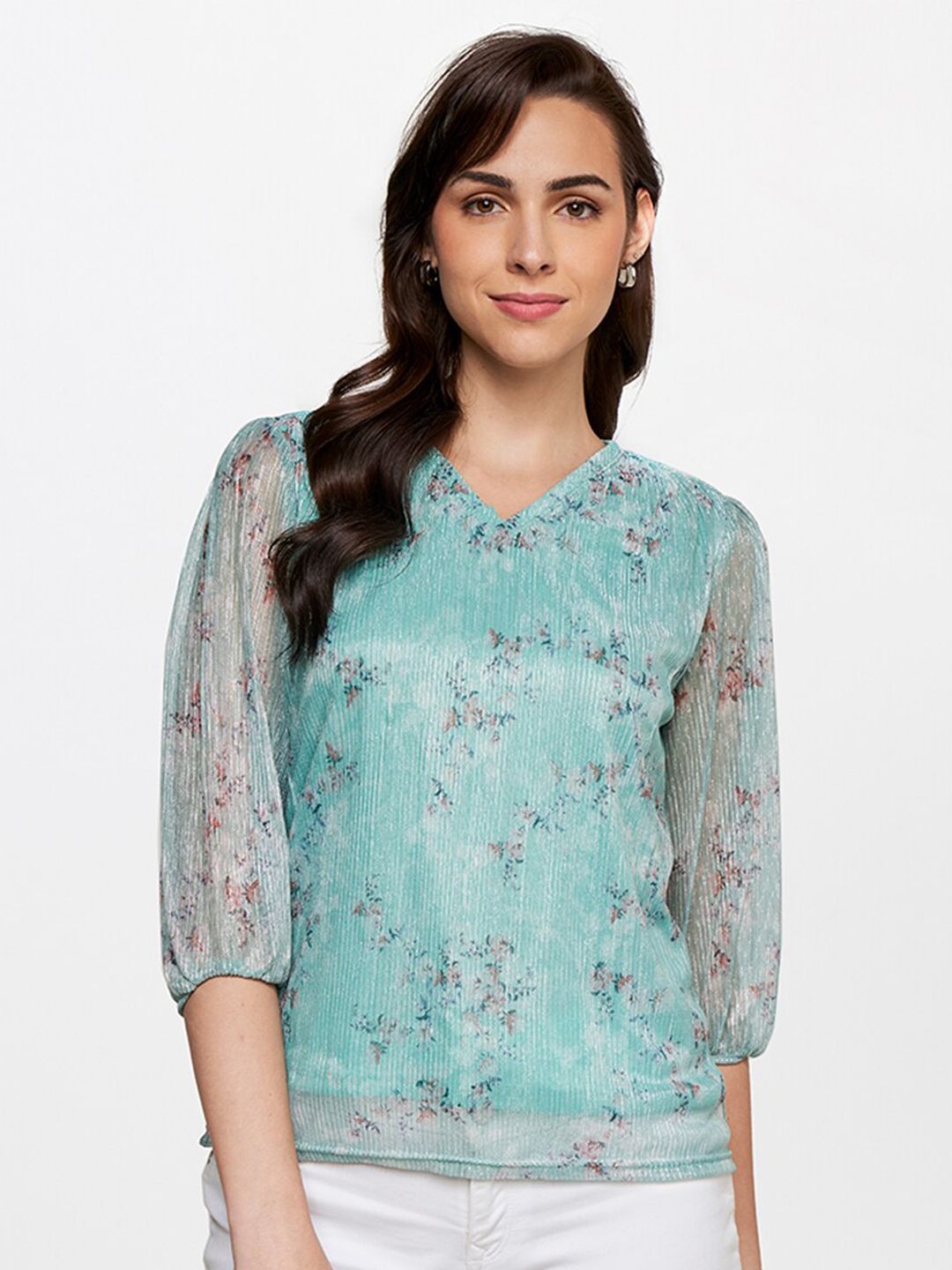 AND Blue & Red Floral Print Top Price in India