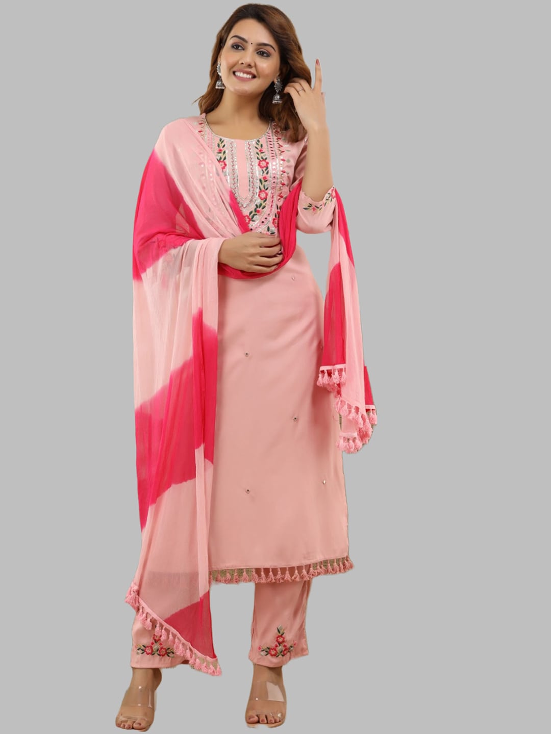 KALINI Women Peach-Coloured Embroidered Thread Work Kurta with Trousers & With Dupatta Price in India