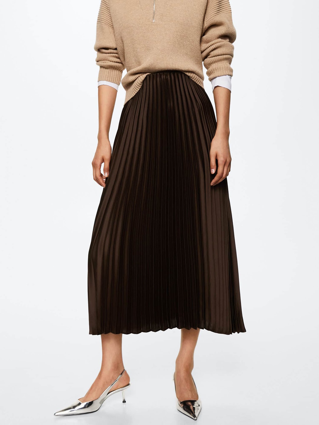 MANGO Coffee Brown Accordion Pleated Satin A-Line Midi Sustainable Skirt Price in India