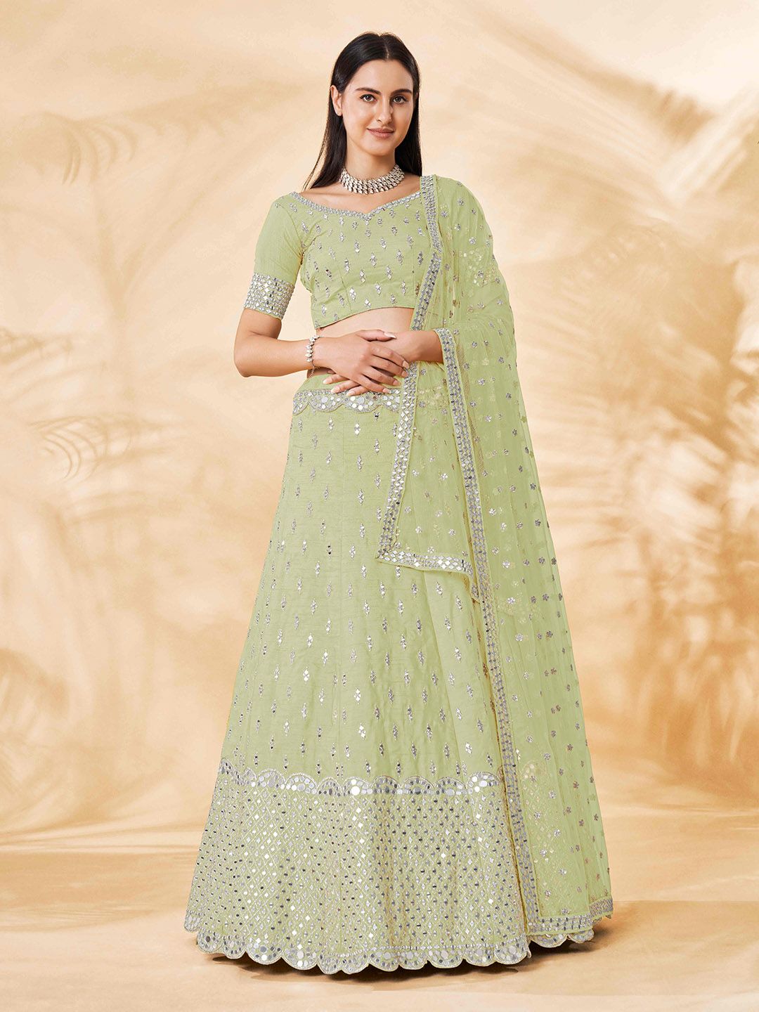 Fusionic Green & Silver-Toned Embroidered Mirror Work Semi-Stitched Lehenga & Unstitched Blouse With Dupatta Price in India