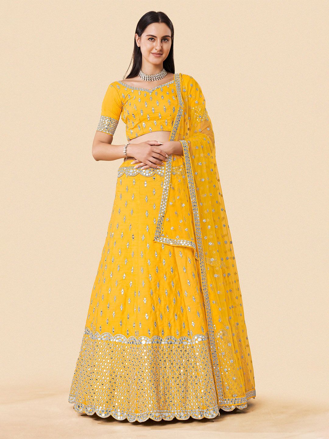 Fusionic Yellow & Gold Embroidered Mirror Work Semi Stitched Lehenga & Blouse With Dupatta Price in India