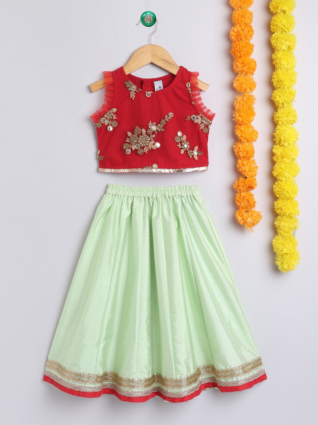 The Magic Wand Girls Red & Green Embellished Mirror Work Ready to Wear Lehenga & Price in India