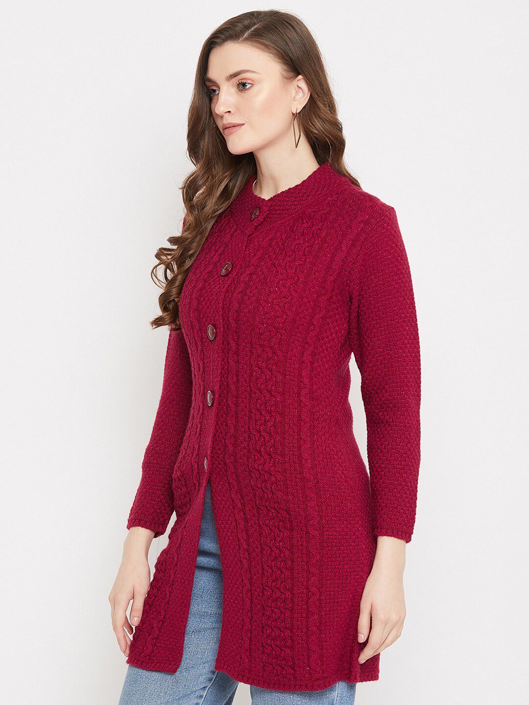 Buy Zigo Women Maroon Cable Knit Woolen Longline Cardigan Sweater