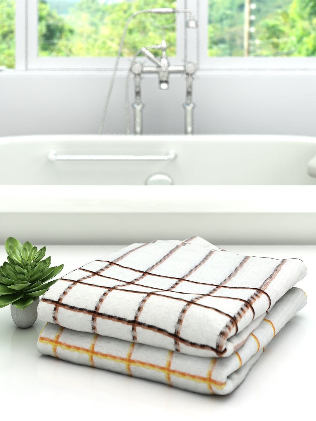 Athom Trendz Pack Of 2 White Striped 210 GSM Pure Cotton Bath Towels