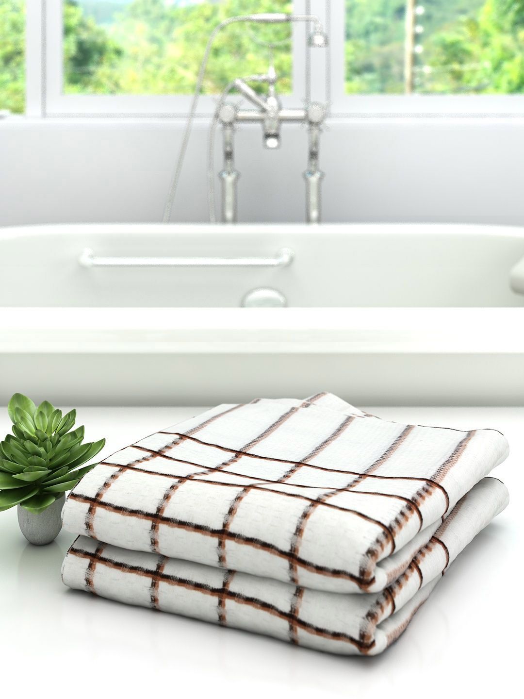 Athom Trendz Pack Of 2 White & Brown Striped 210 Pure-Cotton Bath Towels