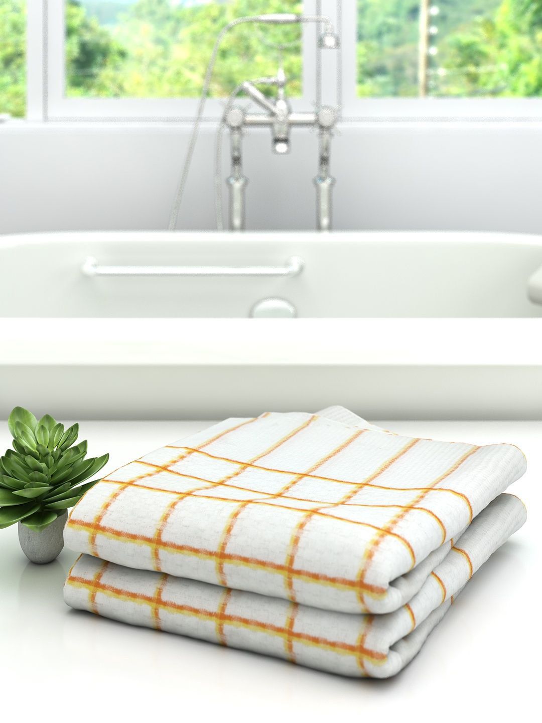 Athom Trendz Set Of 2  Orange & White Striped Pure Cotton 210 GSM Bath Towels