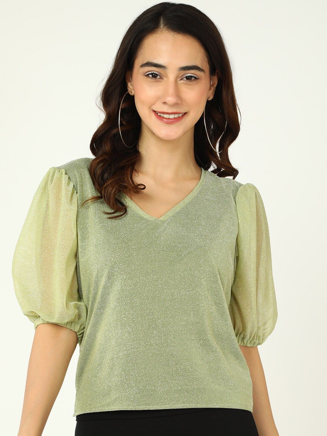 DressBerry Women Olive Green Puff Sleeves Boxy Top Price in India