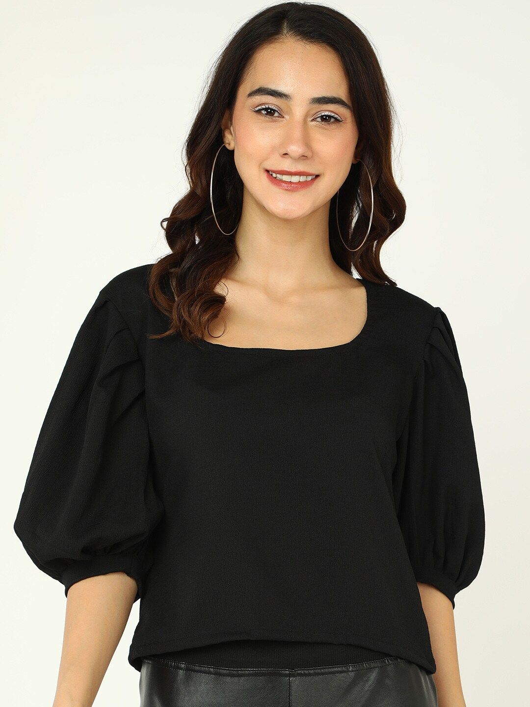 DressBerry Women Black Puff Sleeves Pure Cotton Top Price in India