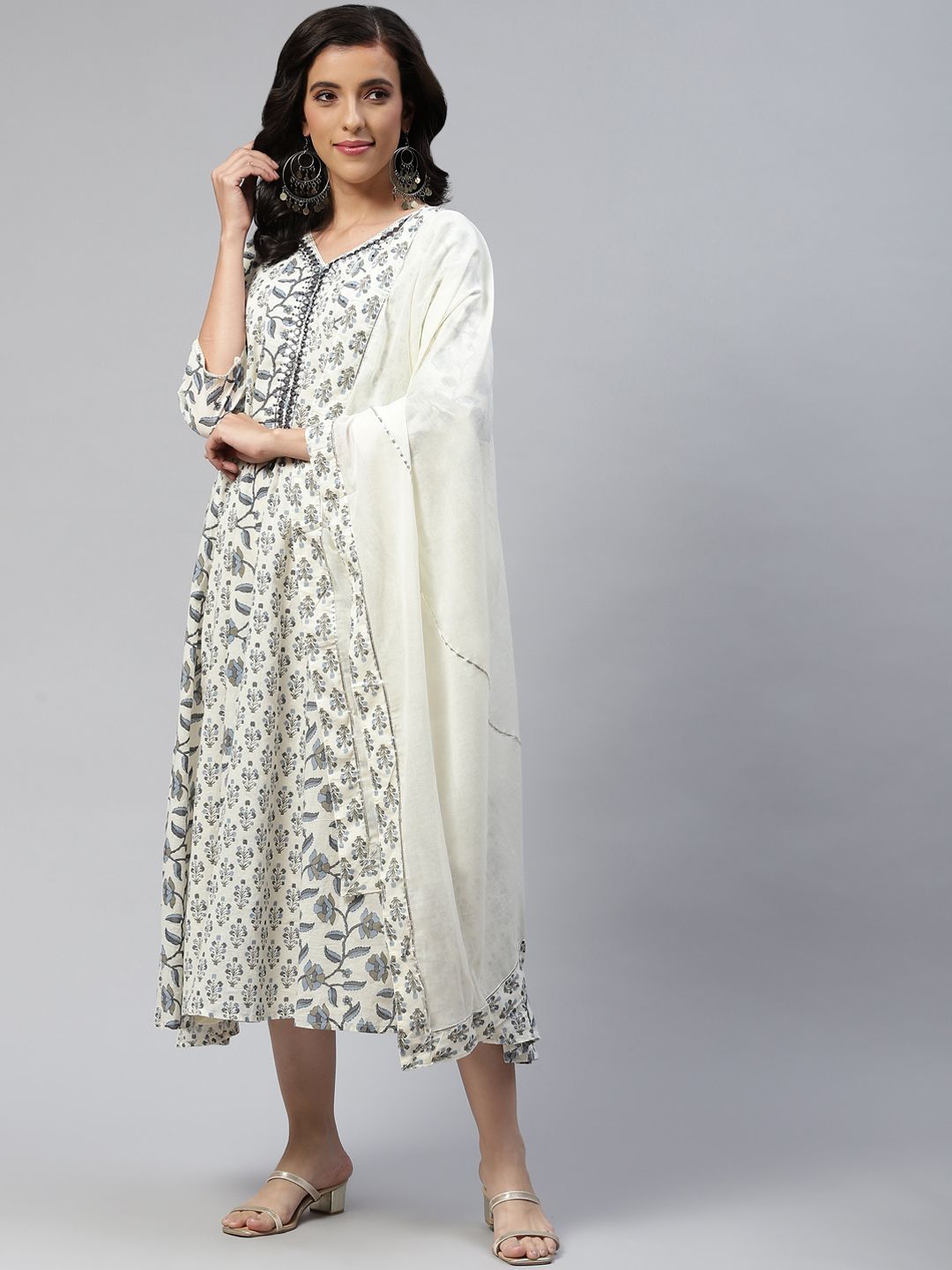 Readiprint Fashions Cream-Coloured Floral Embroidered Ethnic Maxi Dress Price in India