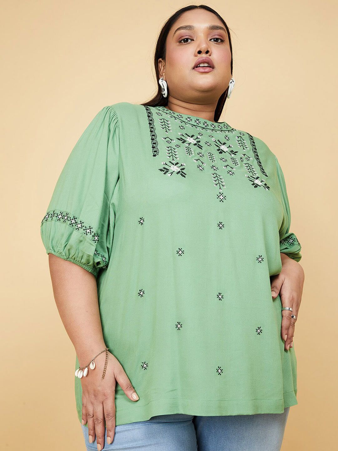 max Plus Size Green Embroidered Top Price in India