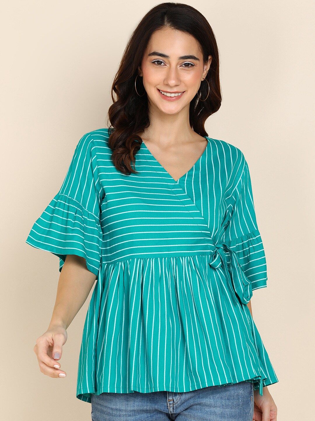Sangria Green Striped Crepe Wrap Top Price in India