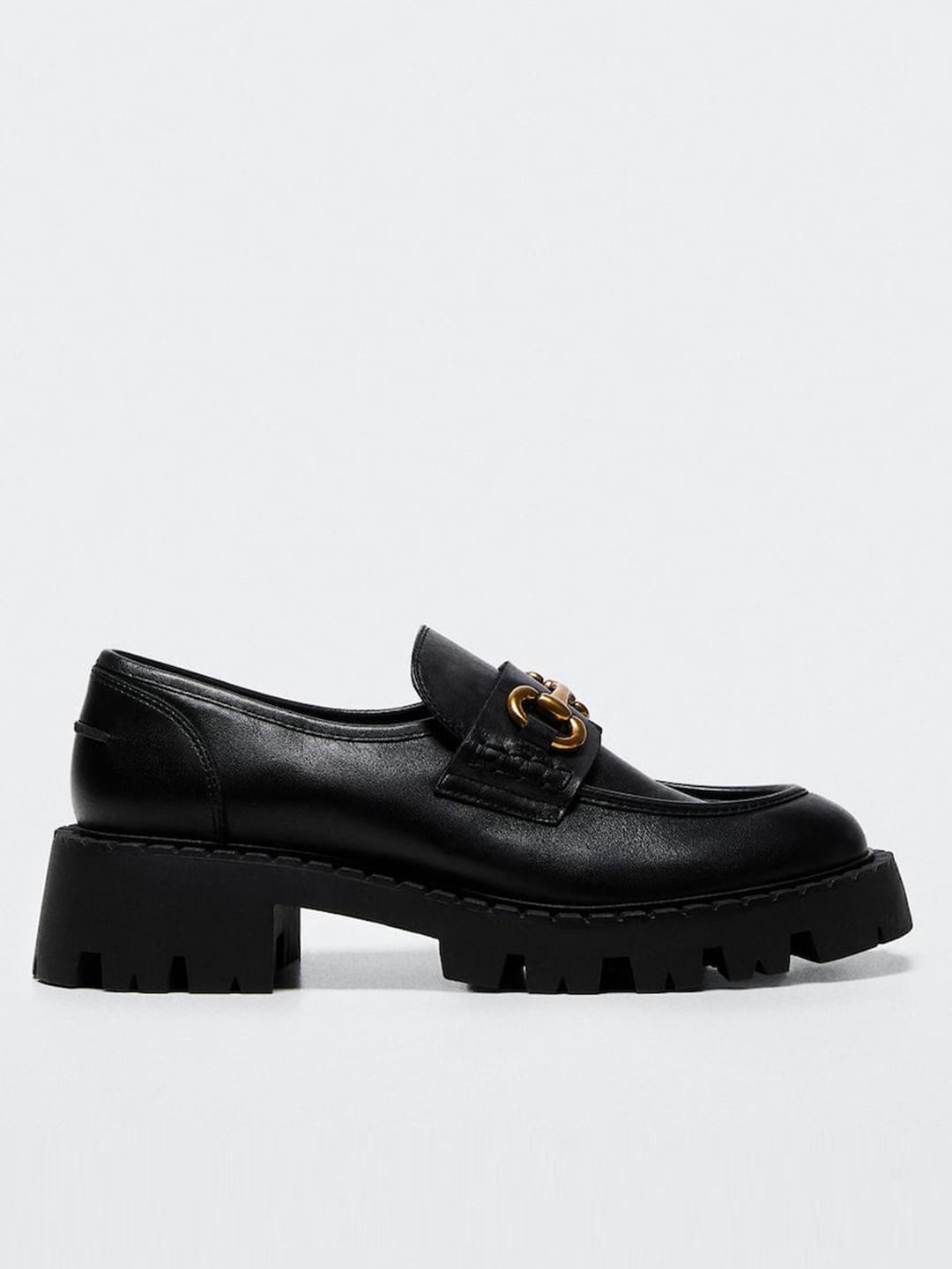 MANGO Women Black Solid Sustainable Leather Heeled Loafers Price in India