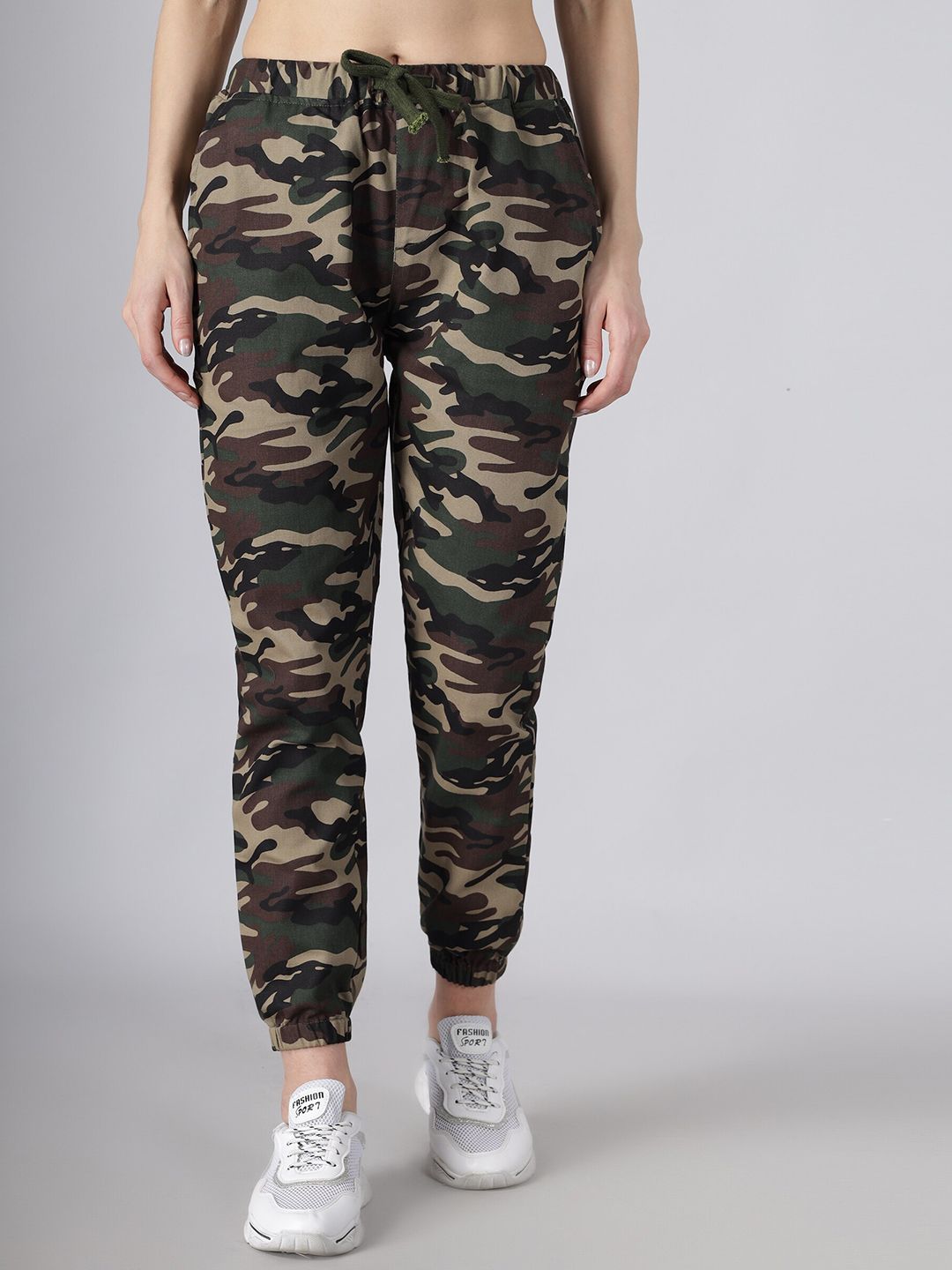 Q-rious Women Green Camouflage Printed Pure Cotton Joggers Trousers Price in India