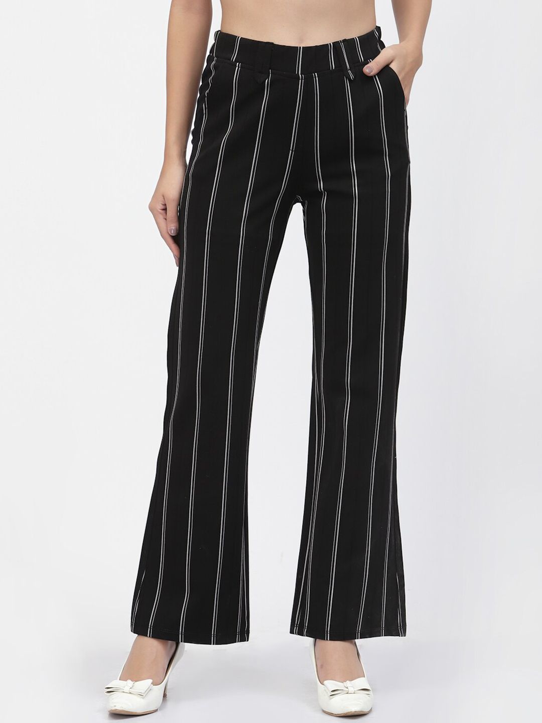 Westwood Women Black Striped Loose Fit Easy Wash Trousers Price in India