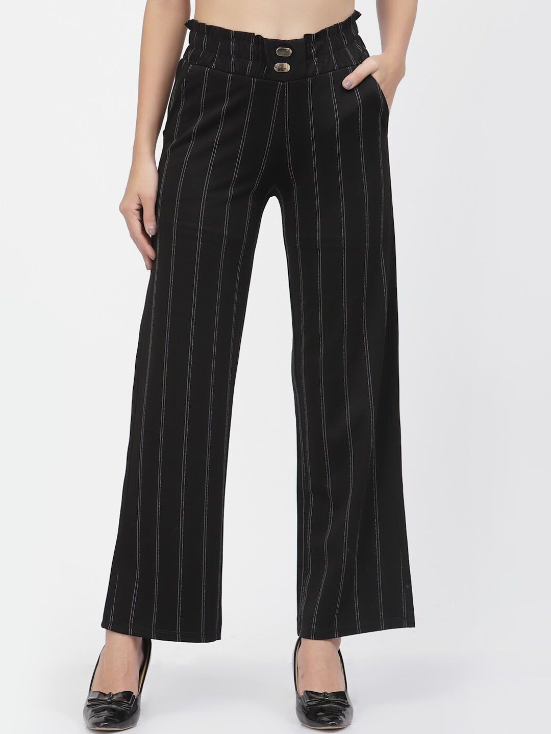 Westwood Women Black Striped Loose Fit Easy Wash Trousers Price in India