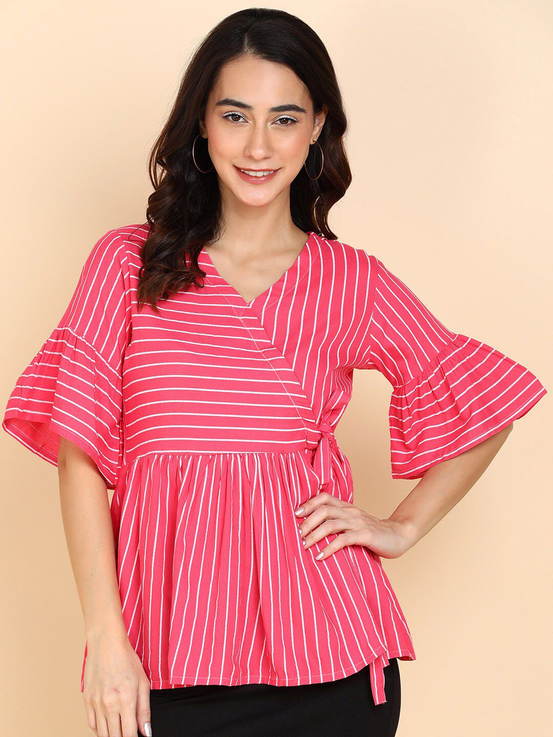 Sangria Pink & White Striped Crepe Wrap Top Price in India
