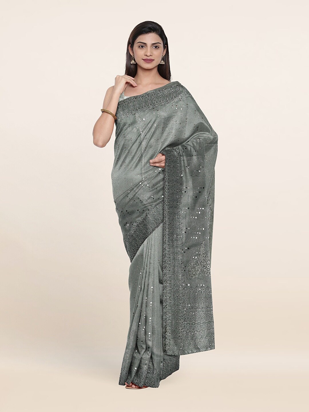 Pothys Green Embellished Beads and Stones Georgette Saree Price in India