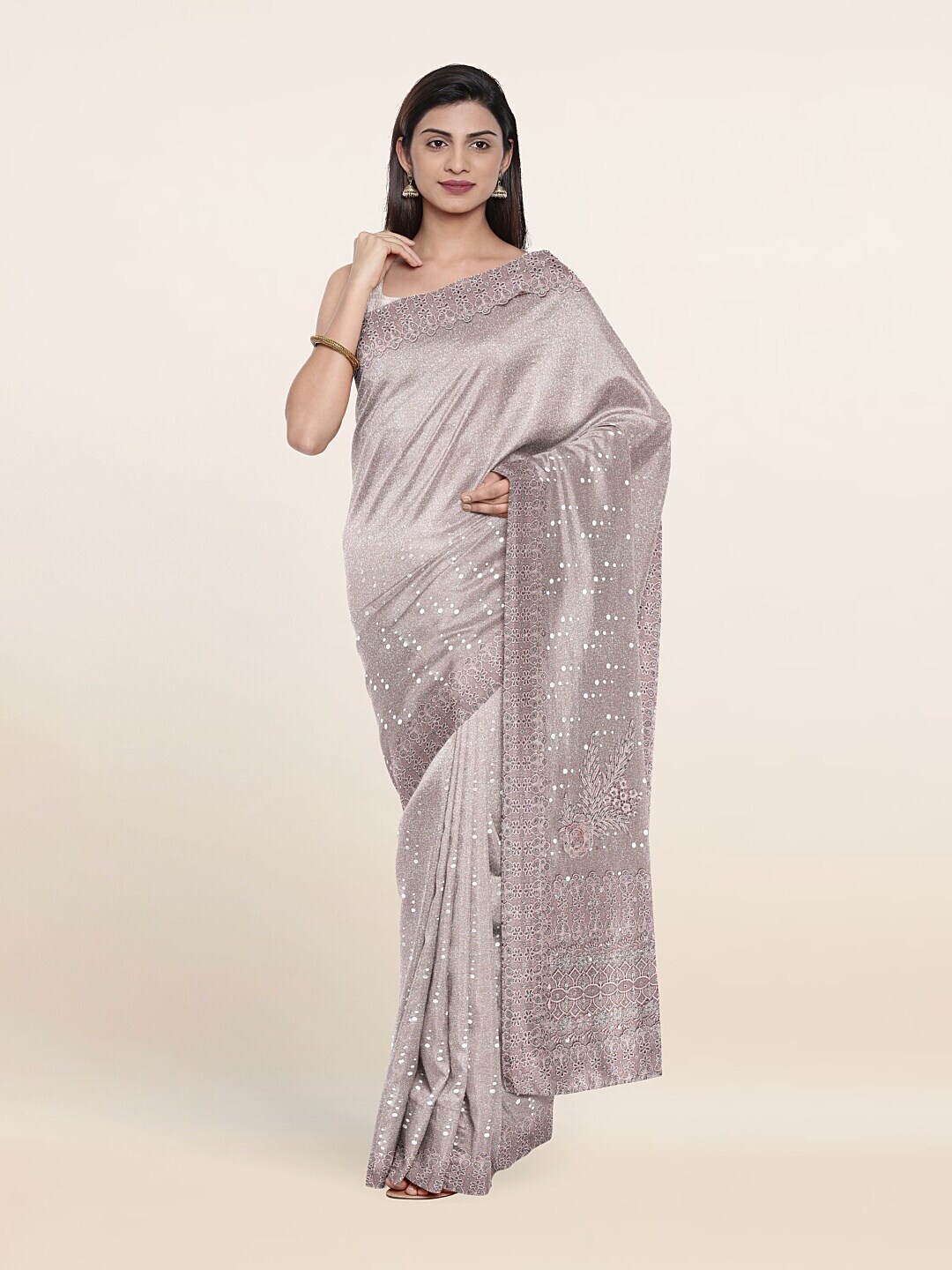 Pothys Peach-Coloured & Grey Embellished Beads and Stones Georgette Saree Price in India