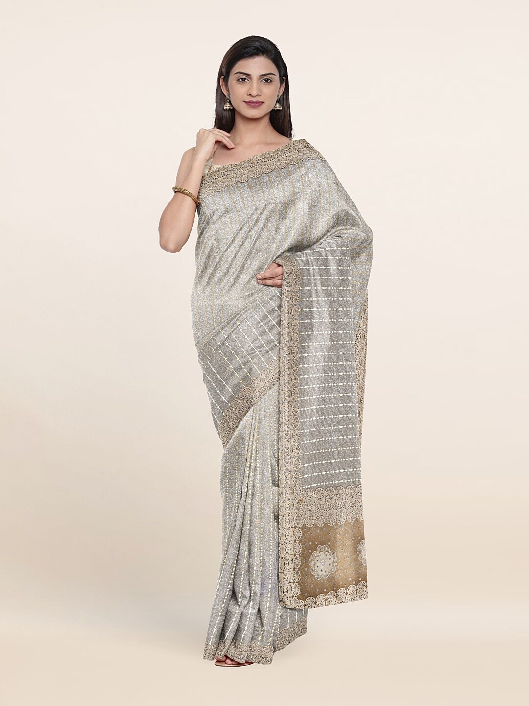Pothys Silver-Toned & Gold-Toned Striped Beads and Stones Saree Price in India