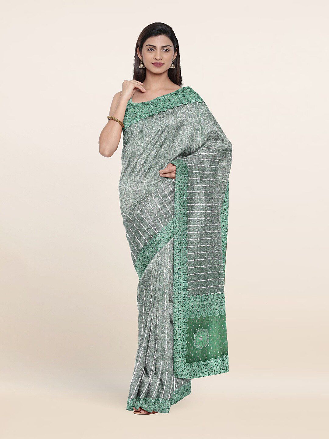 Pothys Green & Silver-Toned Floral Beads and Stones Saree Price in India