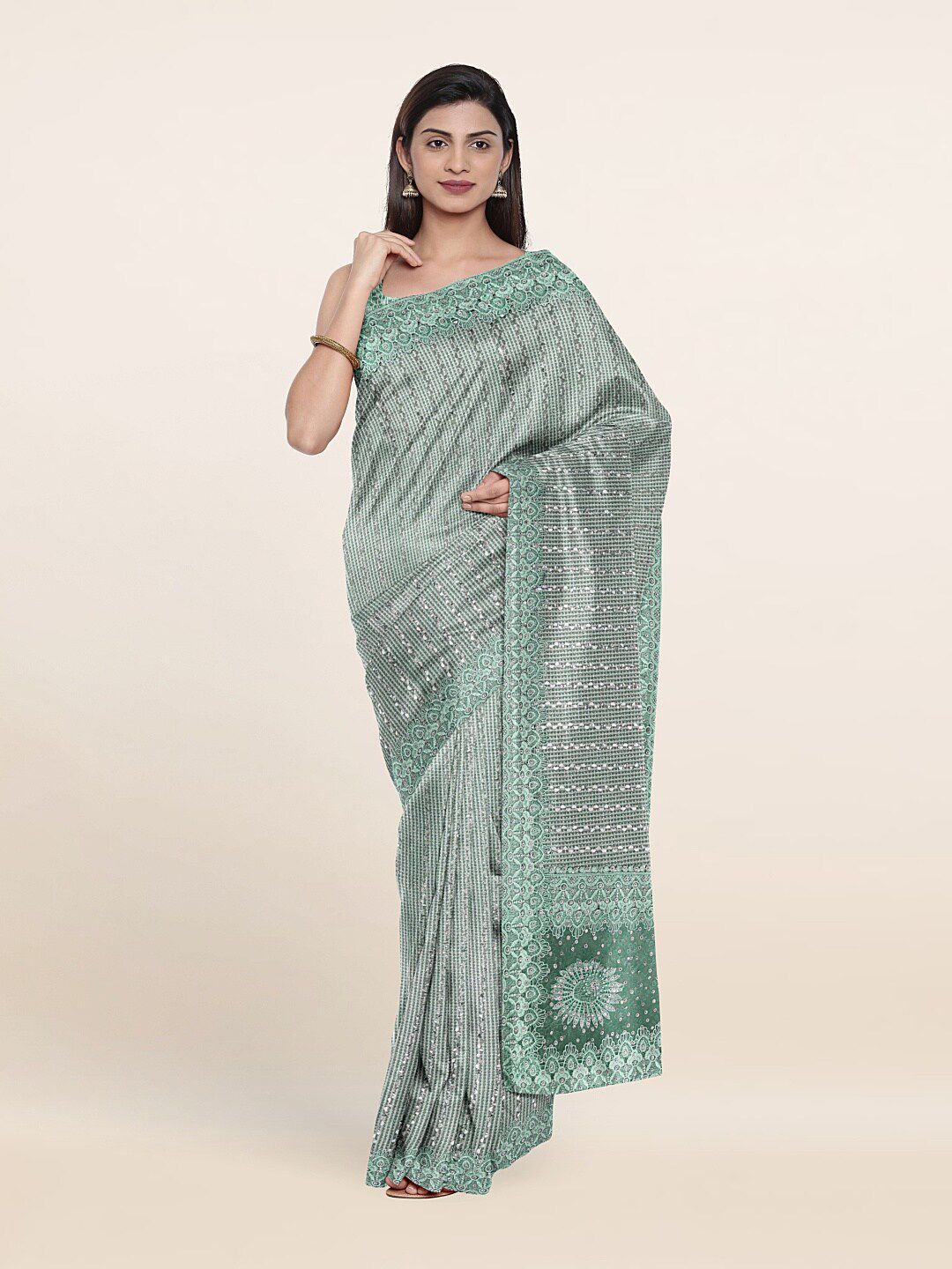 Pothys Green Floral Beads and Stones Saree Price in India