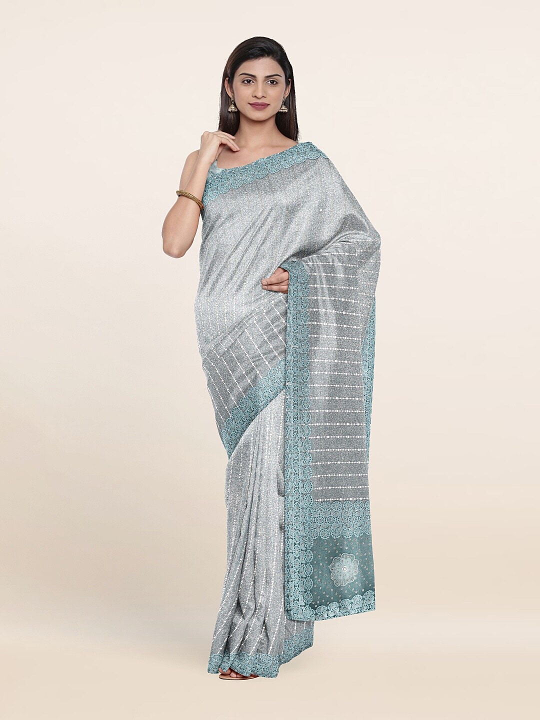 Pothys Blue & White Striped Beads and Stones Saree Price in India